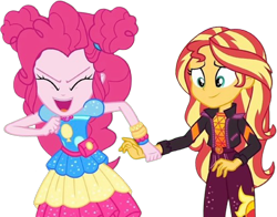 Size: 3216x2520 | Tagged: safe, artist:mrtoonlover83, derpibooru import, edit, edited screencap, screencap, pinkie pie, sunset shimmer, human, equestria girls, g4, 2d, background removed, duo, equestria girls specials, eyes closed, female, holding hands, my little pony equestria girls: sunset's backstage pass, not a vector, open mouth, open smile, smiling