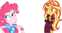 Size: 4475x2396 | Tagged: safe, artist:mrtoonlover83, derpibooru import, edit, edited screencap, screencap, pinkie pie, sunset shimmer, human, equestria girls, g4, background removed, crossed arms, duo, equestria girls specials, female, grin, my little pony equestria girls: sunset's backstage pass, not a vector, smiling
