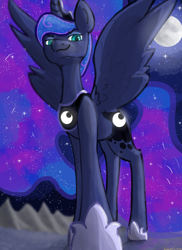 Size: 800x1100 | Tagged: safe, artist:summerbeachyt, derpibooru import, princess luna, alicorn, pony, ethereal mane, female, full moon, galaxy mane, galaxy tail, long legs, looking at you, low angle, mare, moon, smiling, solo, spread wings, tall, wings