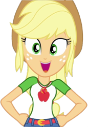 Size: 1732x2520 | Tagged: safe, derpibooru import, edit, edited screencap, editor:homersimpson1983, screencap, applejack, human, equestria girls, g4, 2d, applejack's hat, arms, background removed, belt, breasts, bust, clothes, collar, cowboy hat, denim skirt, female, fingers, freckles, geode of super strength, hand, hand on hip, happy, hat, long hair, looking at you, magical geodes, not a vector, open mouth, open smile, ponytail, shirt, short sleeves, simple background, skirt, smiling, solo, teenager, transparent background