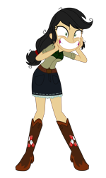 Size: 3300x5500 | Tagged: safe, artist:machakar52, derpibooru import, applejack, human, equestria girls, g4, alternate cutie mark, alternate universe, applepills, belt, boots, clothes, cutie mark on clothes, elements of insanity, hand on face, high heel boots, high heels, messy hair, shirt, shoes, simple background, skirt, smiling, solo, transparent background