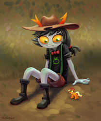 Size: 2448x2937 | Tagged: safe, artist:kaermter, derpibooru import, applejack, earth pony, pony, g4, applejack's hat, boots, bowtie, clothes, cowboy hat, female, hat, homestuck, hooves, horns, lineless, mare, shirt, shoes, shorts, sitting, solo, species swap, suspenders, t-shirt, toy, troll (homestuck), trollified