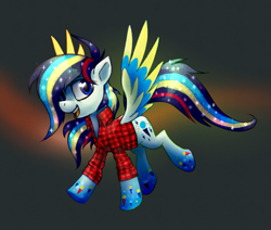 Size: 1653x1405 | Tagged: safe, artist:kaermter, derpibooru import, oc, oc only, pegasus, pony, abstract background, clothes, flannel, flying, rainbow power, rainbow power-ified, shirt, solo
