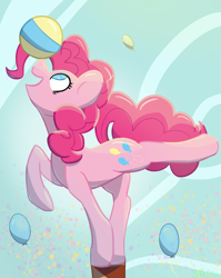Size: 1350x1700 | Tagged: safe, artist:summerbeachyt, derpibooru import, pinkie pie, earth pony, pony, g4, balancing, ball, balloon, bipedal, confetti, cute, diapinkes, female, mare, open mouth, open smile, ponies balancing stuff on their nose, signature, sky, smiling, solo