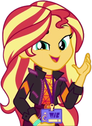 Size: 1841x2520 | Tagged: safe, derpibooru import, edit, edited screencap, editor:homersimpson1983, screencap, sunset shimmer, human, equestria girls, g4, 2d, background removed, backstage pass, clothes, eyebrows, female, geode of empathy, jacket, leather, leather jacket, looking at you, magical geodes, open mouth, open smile, pants, raised eyebrow, simple background, smiling, solo, transparent background