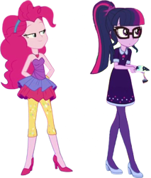 Size: 2147x2520 | Tagged: safe, derpibooru import, edit, edited screencap, editor:homersimpson1983, screencap, pinkie pie, sci-twi, twilight sparkle, human, equestria girls, g4, 2d, background removed, bangs, bare shoulders, clothes, curly hair, duo, duo female, female, glasses, hairband, high heels, lidded eyes, ponytail, sci-twi outfits, shoes, sideburns, simple background, sleeveless, smiling, transparent background