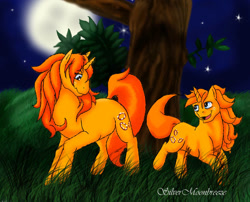 Size: 717x579 | Tagged: safe, artist:silvermoonbreeze, derpibooru import, gypsy (g1), oc, oc:baby gypsy, pony, unicorn, g1, 2006, duo, duo female, female, filly, foal, full moon, grass, horn, jumping, mare, moon, mother and child, mother and daughter, night, open mouth, open smile, parent and child, raised hoof, raised leg, smiling, standing, tree