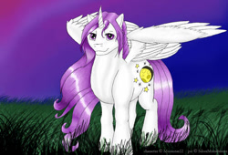 Size: 600x409 | Tagged: safe, artist:silvermoonbreeze, derpibooru import, oc, oc only, oc:moonstar (moonstar22), alicorn, pony, 2006, alicorn oc, female, grass, horn, looking at you, mare, night, partially open wings, solo, standing, wings