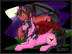 Size: 854x640 | Tagged: safe, artist:silvermoonbreeze, derpibooru import, oc, oc only, oc:delano (tynica), oc:simplicity (tynica), alicorn, bat pony, bat pony alicorn, pony, 2007, alicorn oc, bandana, bat wings, colored wings, duo, female, golden eyes, horn, jewelry, looking at each other, looking at someone, lying down, male, mare, necklace, night, oc x oc, partially open wings, shipping, stallion, straight, unshorn fetlocks, wings