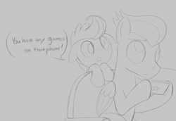 Size: 2480x1710 | Tagged: safe, artist:dtcx97, derpibooru import, pound cake, rumble, pegasus, pony, g4, cellphone, colt, dialogue, explicit source, foal, male, meme, monochrome, older, phone, sketch, smartphone, sofa, teenager, you got games on your phone