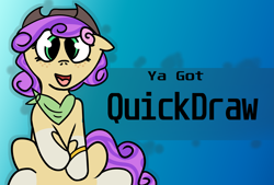 Size: 3105x2093 | Tagged: safe, artist:dropofthehatstudios, derpibooru import, oc, oc only, oc:quickdraw, banned from equestria daily, clothes, coat markings, cowboy hat, eyelashes, gradient background, green eyes, hat, hoof ring, purple mane, scarf, sitting, socks (coat marking), solo, ya got, yellow coat