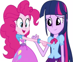 Size: 2956x2520 | Tagged: safe, derpibooru import, edit, edited screencap, editor:homersimpson1983, screencap, pinkie pie, twilight sparkle, human, equestria girls, g4, arms, background removed, blouse, bowtie, bracelet, clothes, duo, duo female, female, fingers, hand, happy, jewelry, long hair, not a vector, open mouth, open smile, pointing, puffy sleeves, shirt, short sleeves, simple background, skirt, smiling, standing, teenager, vest, white background