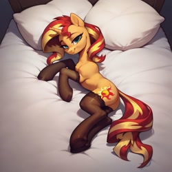 Size: 1024x1024 | Tagged: source needed, safe, ai content, derpibooru import, generator:pony diffusion v6 xl, generator:stable diffusion, machine learning generated, sunset shimmer, pony, unicorn, g4, bed, bedroom eyes, bunset shimmer, butt, clothes, female, horn, looking at you, lying down, lying on bed, mare, on bed, on side, pillow, plot, prompter needed, prone, sexy, smiling, smiling at you, socks, solo, stockings, thigh highs