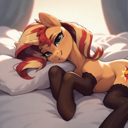 Size: 1024x1024 | Tagged: source needed, safe, ai content, derpibooru import, generator:pony diffusion v6 xl, generator:stable diffusion, machine learning generated, sunset shimmer, pony, unicorn, g4, bed, clothes, female, horn, lidded eyes, looking at you, lying down, lying on bed, mare, on bed, on side, pillow, prompter needed, sexy, smiling, smiling at you, solo, stockings, thigh highs