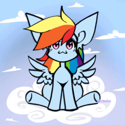 Size: 1000x1000 | Tagged: safe, artist:glotasha, derpibooru import, rainbow dash, pegasus, pony, g4, animated, cloud, ear fluff, ears, floppy ears, gif, happy, looking at you, on a cloud, open mouth, sitting, sitting on cloud, sky, solo, tail, wings