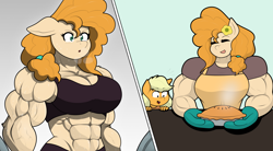 Size: 2586x1425 | Tagged: safe, artist:matchstickman, derpibooru import, applejack, pear butter, anthro, earth pony, g4, abs, apron, baking, biceps, breasts, busty pear butter, clothes, deltoids, duo, female, filly, filly applejack, foal, food, mare, matchstickman's pear buffer series, mother and child, mother and daughter, muscles, muscular female, parent and child, pear buffer, pecs, pie, simple background, sweat, triceps, weight lifting, weights, younger