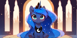 Size: 2400x1200 | Tagged: safe, ai content, derpibooru import, machine learning generated, princess luna, alicorn, pony, g4, blush lines, blushing, bust, cute, female, filly, foal, looking at you, lunabetes, portrait, prompter:greesys, sitting, smiling, smiling at you, solo, woona, younger