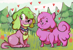 Size: 2323x1586 | Tagged: safe, artist:ignorethisthanks, derpibooru import, princess thunder guts, spike, spike the regular dog, dog, equestria girls, g4, lost and pound, collar, duo, grass, grass field, hair over one eye, heart, implied transformation, my little pony equestria girls: choose your own ending, sitting, smiling, spike the dog