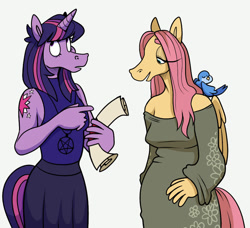 Size: 937x853 | Tagged: safe, artist:beastofeuthanasia, derpibooru import, fluttershy, twilight sparkle, unicorn twilight, anthro, bird, pegasus, unicorn, g4, alternative cutie mark placement, clothes, dress, duo, duo female, female, horn, pentagram, scroll, shoulder cutie mark, simple background, skirt, white background, wings