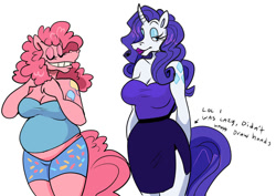 Size: 1062x752 | Tagged: safe, artist:beastofeuthanasia, derpibooru import, pinkie pie, rarity, anthro, earth pony, unicorn, g4, alternative cutie mark placement, belly, breasts, chubby, cleavage, clothes, dress, duo, duo female, eyeshadow, fat, female, horn, lipstick, makeup, midriff, pudgy pie, shorts, shoulder cutie mark, simple background, skirt, white background