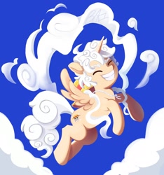 Size: 1748x1866 | Tagged: safe, artist:birky_desenhos, derpibooru import, alicorn, pony, anime, cloud, crossover, eyes closed, flying, gear fifth, hat, monkey d. luffy, one piece, ponified, smiling, solo, species swap, straw hat