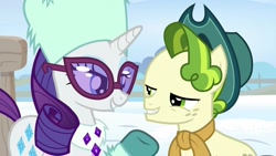 Size: 1920x1080 | Tagged: safe, derpibooru import, screencap, pistachio, rarity, earth pony, unicorn, g4, animated, blinking, clothes, duo, duo male and female, female, frame by frame, hat, horn, lidded eyes, male, my little pony best gift ever, out of context, shipping fuel, smiling, winter outfit