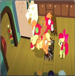 Size: 610x612 | Tagged: safe, artist:polorenzielephant, derpibooru import, edit, edited screencap, screencap, apple bloom, applejack, big macintosh, earth pony, pony, g4, the perfect pear, female, filly, foal, forced meme, male, mare, meme, photoshop, skarloey, stallion, thomas and friends, thomas the tank engine, wrong aspect ratio