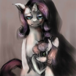 Size: 800x800 | Tagged: safe, artist:jcharlesmachiavelli, derpibooru import, rarity, sweetie belle, semi-anthro, unicorn, g4, female, filly, foal, horn, mare, old art