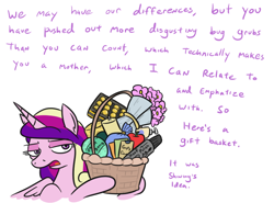 Size: 724x535 | Tagged: safe, artist:jargon scott, derpibooru import, princess cadance, alicorn, pony, g4, apple, basket, bouquet, box of chocolates, dialogue, female, flower, food, gift basket, hoof hold, horn, implied queen chrysalis, lidded eyes, mare, simple background, solo, transparent background, unamused, wings