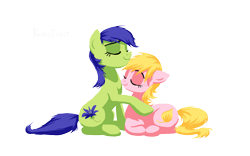 Size: 1800x1125 | Tagged: safe, artist:kaermter, derpibooru import, oc, oc only, earth pony, pony, duo, female, lying down, mare, prone, simple background, transparent background