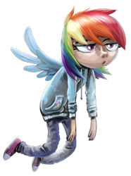 Size: 1284x1722 | Tagged: safe, artist:kaermter, derpibooru import, rainbow dash, human, g4, clothes, female, flying, hoodie, humanized, simple background, solo, spread wings, transparent background, winged humanization, wings