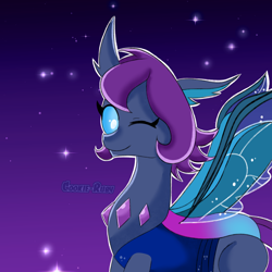 Size: 2024x2024 | Tagged: safe, artist:cookie-ruby, derpibooru import, oc, oc only, changedling, changeling, g4, blue eyes, changedling oc, changedlingified, changeling oc, clothes, cute, digital art, eyelashes, gem, happy, horn, looking at you, night, one eye closed, ponysona, purple mane, see-through, signature, smiling, smiling at you, solo, sparkles, species swap, spread wings, starry night, stars, wings, wink, winking at you
