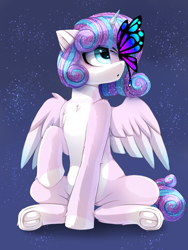 Size: 2250x3000 | Tagged: safe, artist:taiweiart, derpibooru import, princess flurry heart, alicorn, butterfly, pony, g4, bioluminescent, blue background, blue eyes, butterfly wings, chest fluff, crepuscular rays, cute, digital art, ethereal mane, ethereal tail, feather, female, flying, high res, hooves, horn, mare, night, older, older flurry heart, open mouth, raised hoof, raised leg, signature, simple background, sitting, solo, sparkles, speedpaint, spread wings, starry mane, starry night, starry tail, stars, tail, two toned mane, two toned tail, wings