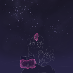 Size: 2160x2160 | Tagged: safe, artist:dtcx97, derpibooru import, spike, twilight sparkle, dragon, pony, g4, book, cute, duo, duo male and female, explicit source, female, male, mama twilight, spikabetes, stargazing, stars, twiabetes