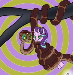 Size: 1024x1054 | Tagged: safe, artist:lol20, derpibooru import, starlight glimmer, pony, snake, unicorn, g4, coils, duo, female, female kaa, horn, hypno eyes, hypnosis, hypnotized, kaa, kaa eyes, lidded eyes, looking at each other, looking at someone, mare, smiling, smiling at each other, story included, tree branch, wrapped snugly, wrapped up