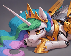 Size: 2048x1600 | Tagged: safe, ai content, derpibooru import, generator:pony diffusion v6 xl, generator:stable diffusion, machine learning generated, princess celestia, oc, oc:celestai, alicorn, cyborg, pony, robot, robot pony, fanfic:friendship is optimal, g4, anonymous prompter, bored, golden eyes, gradient background, gray background, lying, simple background