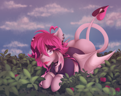 Size: 2708x2160 | Tagged: safe, artist:n3tt0l, derpibooru import, oc, oc only, bat pony, pony, blushing, bush, choker, closed mouth, clothes, cloud, ear piercing, earring, jewelry, piercing, raspberry, request, requested art, shiny eyes, shiny mane, sky, solo, striped mane, wings, wings down