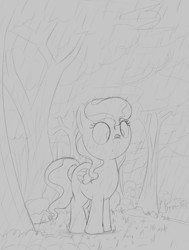 Size: 1637x2160 | Tagged: safe, artist:dtcx97, derpibooru import, oc, oc only, oc:wintertide, insect, ladybug, pegasus, pony, :o, explicit source, grayscale, insect on nose, monochrome, open mouth, pegasus oc, rain, solo, tree