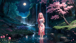 Size: 3840x2160 | Tagged: safe, ai content, derpibooru import, generator:stable diffusion, machine learning assisted, machine learning generated, fluttershy, human, equestria girls, g4, cherry blossoms, cherry tree, chinese dress, clothes, dress, flower, flower blossom, generator:autismmix confetti, high res, looking at you, moon, night, prompter:truekry, river, scenery, smiling, smiling at you, tree, water, waterfall