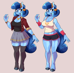 Size: 2136x2116 | Tagged: safe, artist:whatsapokemon, derpibooru import, oc, oc only, oc:heart song, anthro, crystal pony, unguligrade anthro, belly button, blue hair, bracelet, breasts, cleavage, clothes, crystal pony oc, female, hooves, jacket, jewelry, midriff, necklace, outfit, reference, shorts, simple background, skirt, socks, solo, tanktop, thigh highs, workout outfit, zettai ryouiki