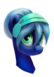 Size: 768x1093 | Tagged: safe, artist:kaermter, derpibooru import, oc, oc only, pony, bust, female, headphones, mare, simple background, solo, transparent background