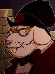 Size: 1040x1400 | Tagged: safe, artist:bunnyshrubby, derpibooru import, verko, naked mole rat, equestria at war mod, bowtie, bust, clothes, goggles, gold, hat, jacket, portrait, solo, top hat