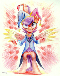 Size: 1123x1441 | Tagged: safe, artist:kaermter, derpibooru import, scootaloo, pegasus, pony, g4, bipedal, choker, colored wings, hat, jester hat, solo, spread wings, tailcoat, wings