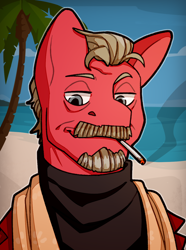 Size: 1040x1400 | Tagged: safe, artist:bunnyshrubby, derpibooru import, oc, oc only, oc:coffee bean, earth pony, pony, equestria at war mod, beard, bust, cigarette, clothes, facial hair, moustache, ocean, palm tree, portrait, smoke, solo, tree, water