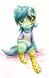 Size: 740x1160 | Tagged: safe, artist:kaermter, derpibooru import, lyra heartstrings, pony, unicorn, g4, clothes, female, horn, mare, shirt, simple background, sitting, socks, solo, t-shirt, white background