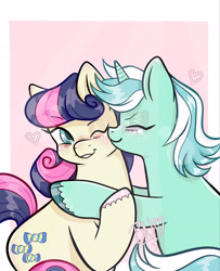 Size: 1661x2048 | Tagged: safe, artist:beenutsartpile, derpibooru import, bon bon, lyra heartstrings, sweetie drops, earth pony, pony, unicorn, g4, abstract background, blush lines, blushing, colored hooves, duo, eyes closed, female, heart, horn, hug, kiss on the cheek, kissing, lesbian, lyrabon, mare, one eye closed, passepartout, pink background, shipping, simple background, smiling, unshorn fetlocks