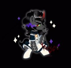 Size: 1664x1600 | Tagged: source needed, safe, artist:肆万, derpibooru import, king sombra, pony, unicorn, g4, apron, black background, clothes, collar, crossdressing, hoof shoes, horn, maid, male, simple background, socks, solo, stallion, stockings, thigh highs, unamused