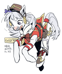 Size: 686x815 | Tagged: safe, artist:wangcai323, derpibooru import, earth pony, pony, clothes, female, gold ship, hat, mare, ponified, simple background, species swap, text, uma musume pretty derby, white background