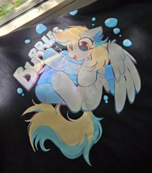 Size: 2653x3019 | Tagged: safe, artist:mirtash, derpibooru import, derpy hooves, pegasus, pony, g4, blonde, blonde mane, blonde tail, bubble, chest fluff, countershading, cute, derp, derpabetes, design, ear fluff, ears, eyelashes, female, golden eyes, gray coat, high res, in air, irl, long mane, long tail, mare, open mouth, open smile, partially open wings, photo, raised hoof, raised leg, shiny eyes, shirt design, smiling, solo, tail, teeth, text, wing fluff, wingding eyes, wings