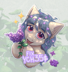 Size: 1900x2000 | Tagged: safe, artist:moewwur, artist:rin-mandarin, derpibooru import, pony, blue mane, bust, commission, flower, flower in hair, fluffy, light skin, lights, lilac, lilac bush, looking at you, purple eyes, solo, sparkles, your character here